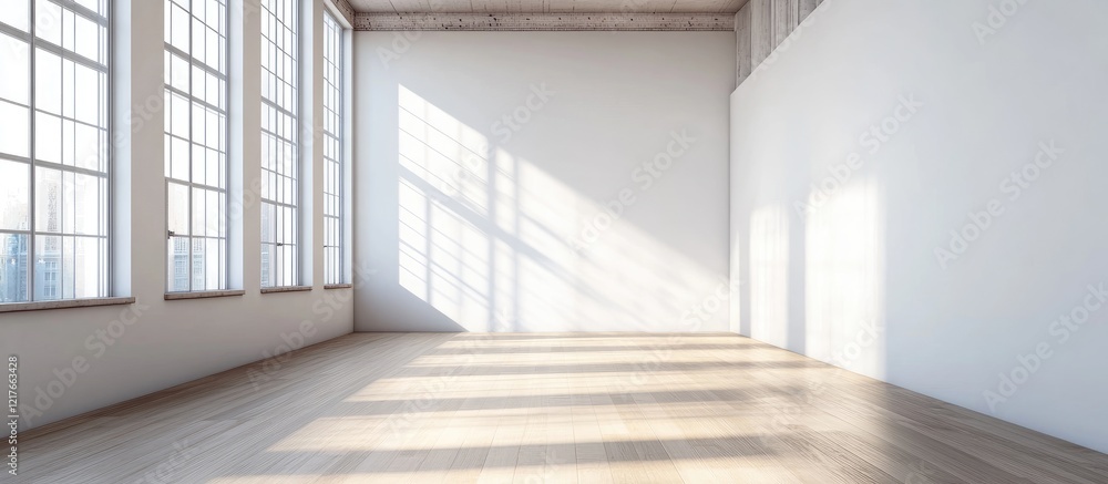 Poster modern empty loft interior featuring large windows with abundant natural light and spacious wooden f