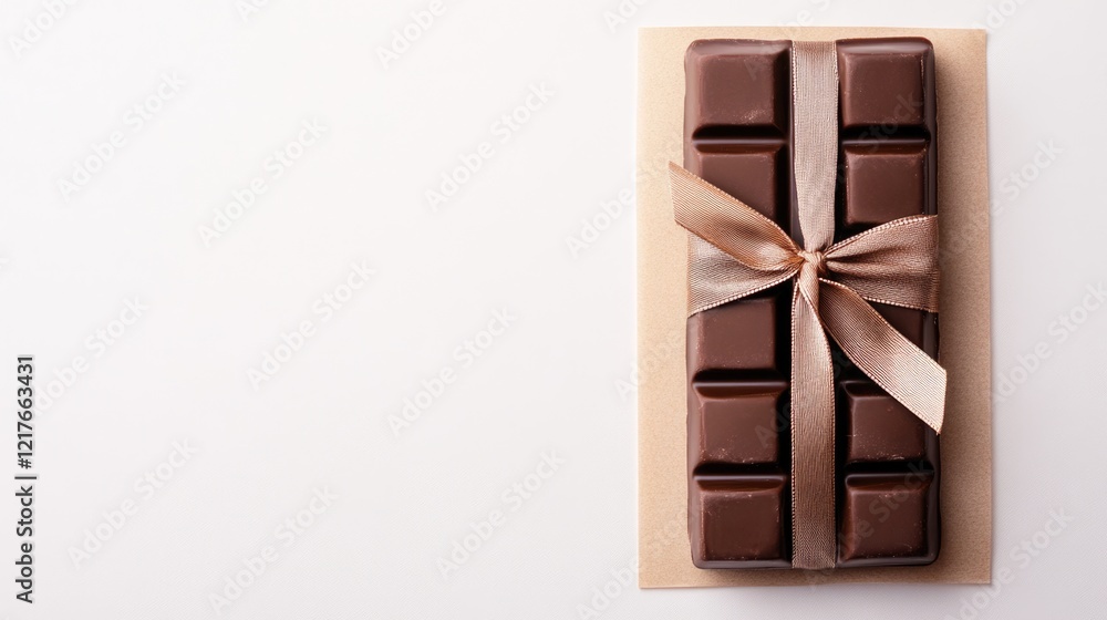 Aufkleber chocolate bar elegantly wrapped in brown paper and ribbon on white background with space for custom 