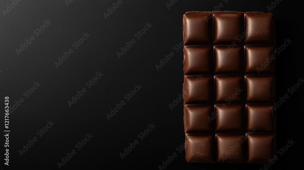 Poster chocolate bar with twelve pieces on dark background and ample empty space for text placement or adve