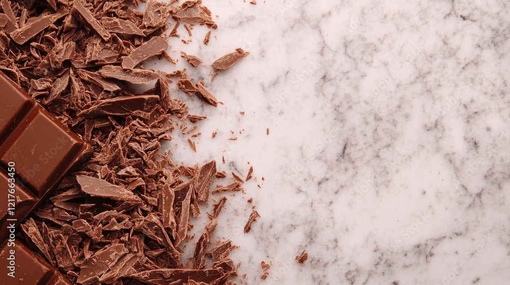 Poster chocolate bar pieces and shavings arranged on a marble surface with plenty of negative space for cus
