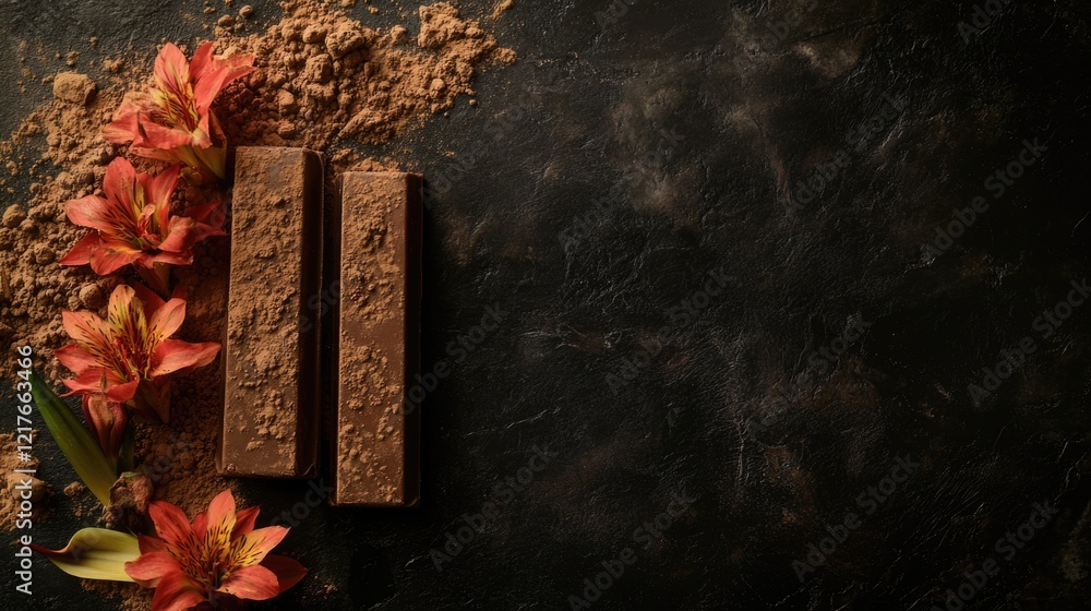 Poster chocolate bars and cocoa powder arranged beautifully with cocoa flowers on a dark surface featuring 
