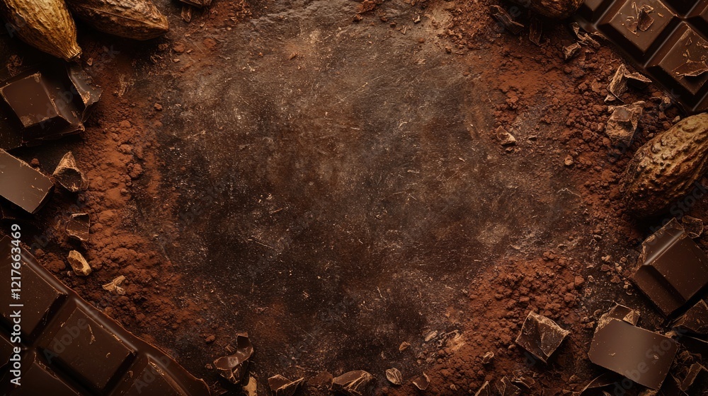 Poster chocolate bars and cocoa pods arranged on a dark textured background with shavings and powder creati