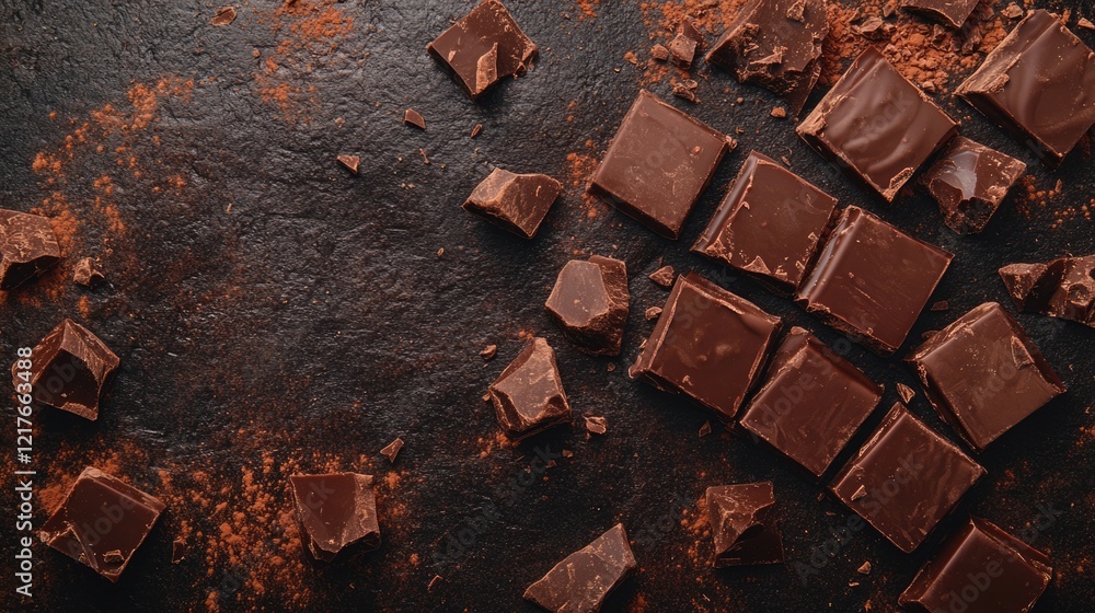 Poster chocolate bars and cocoa nibs scattered on dark textured background overhead view with space for you