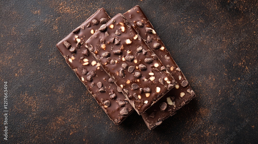 Poster chocolate bars with cocoa nibs on rustic dark background with space for text ideal for dessert recip