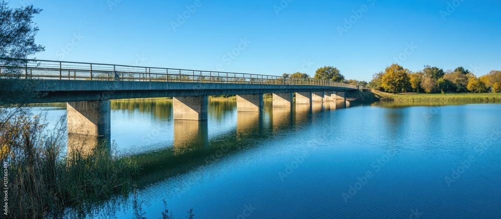 Poster Scenic bridge over a tranquil lake under a clear blue sky with ample space for adding text or graphics