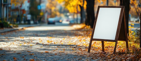 Wooden A-frame sidewalk sign in autumn setting with colorful foliage on the ground and clear copyspace for promotional text or messages