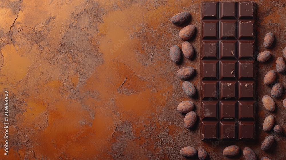 Poster chocolate bar surrounded by cocoa beans on a rustic textured background with space for custom text a