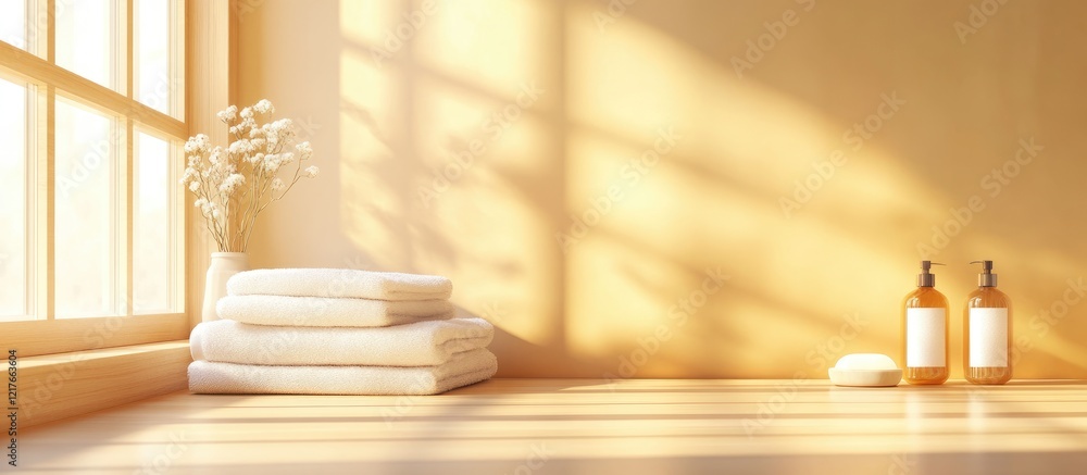 Poster serene bathroom interior with soft lighting showcasing neatly stacked towels and soap on a wooden co