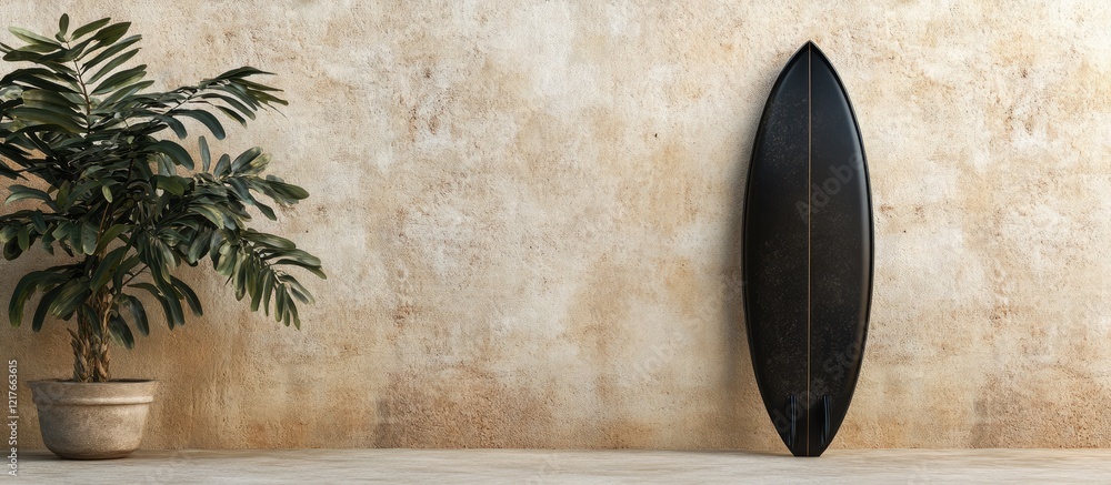 Poster Black surfboard elegantly positioned against a textured wall with empty space for customization and a potted plant enhancing the scene.