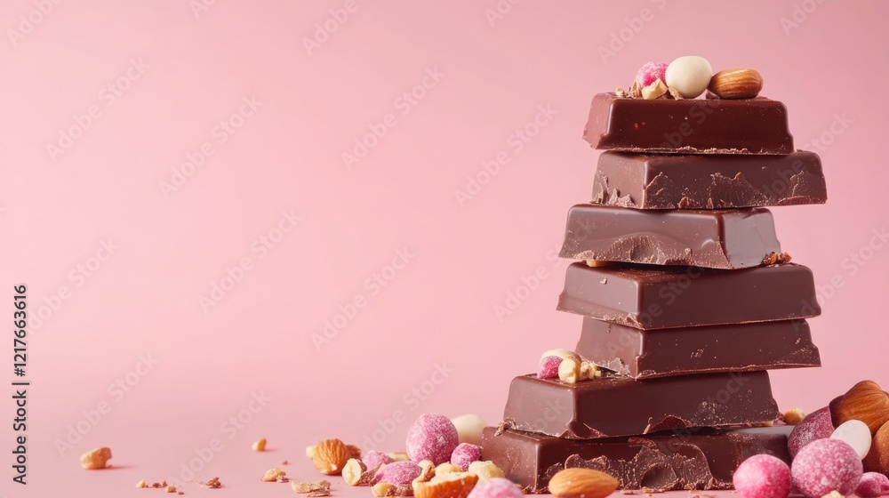 Poster delicious chocolate bar stack with nuts and colorful candies on pink background empty space for cust