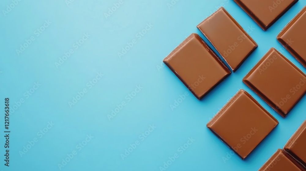 Poster chocolate bar segments arranged on a vibrant blue background with ample empty space for customizable