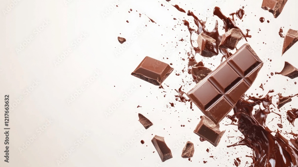 Aufkleber chocolate bar pieces splashing with chocolate liquid creating a dynamic background and space for tex