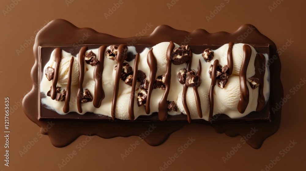 Aufkleber chocolate bar drizzled with melted chocolate and ice cream topped with popcorn on a brown background