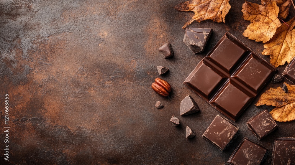 Poster chocolate bar and cocoa pieces on textured background with autumn leaves and space for text or brand