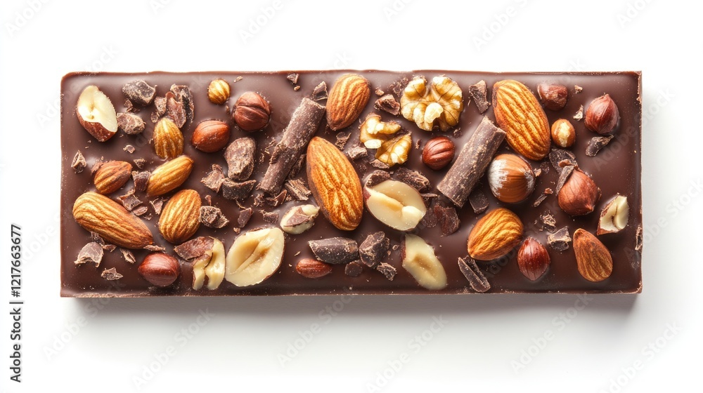 Poster chocolate bar topped with assorted nuts and spices on white background empty space for text deliciou