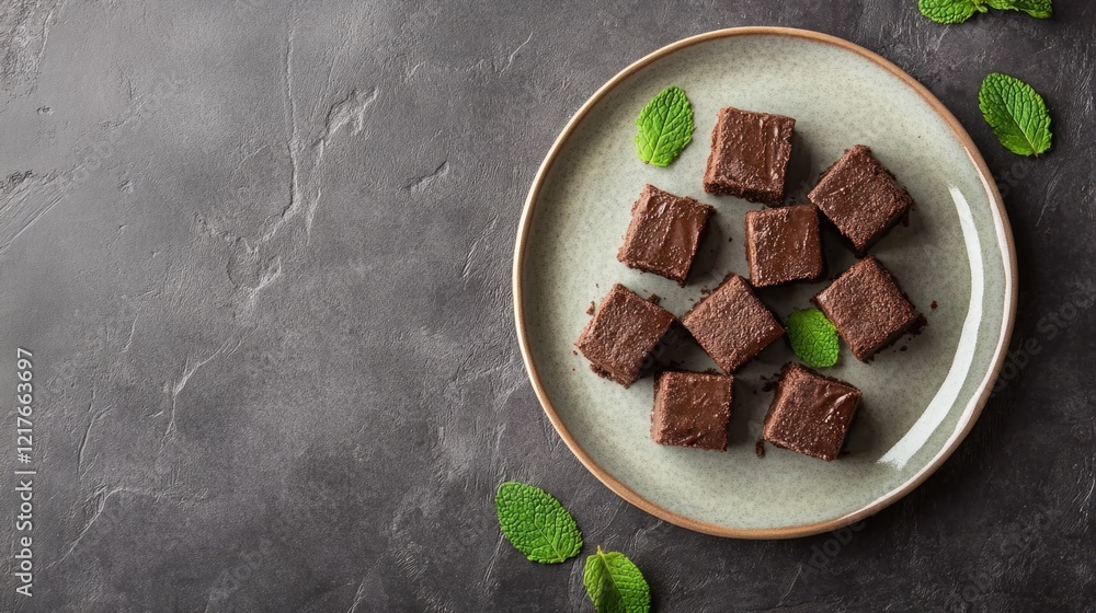 Aufkleber chocolate squares garnished with fresh mint leaves on a rustic plate with dark background and ample 