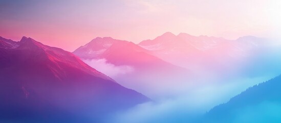 Colorful mountain landscape with mist at dawn featuring soft pastel hues and Copy Space for text placement.