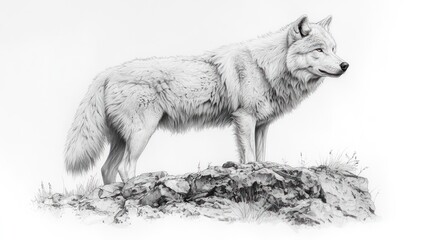 Obraz premium Majestic arctic wolf standing on a rocky outcrop, detailed pencil sketch.