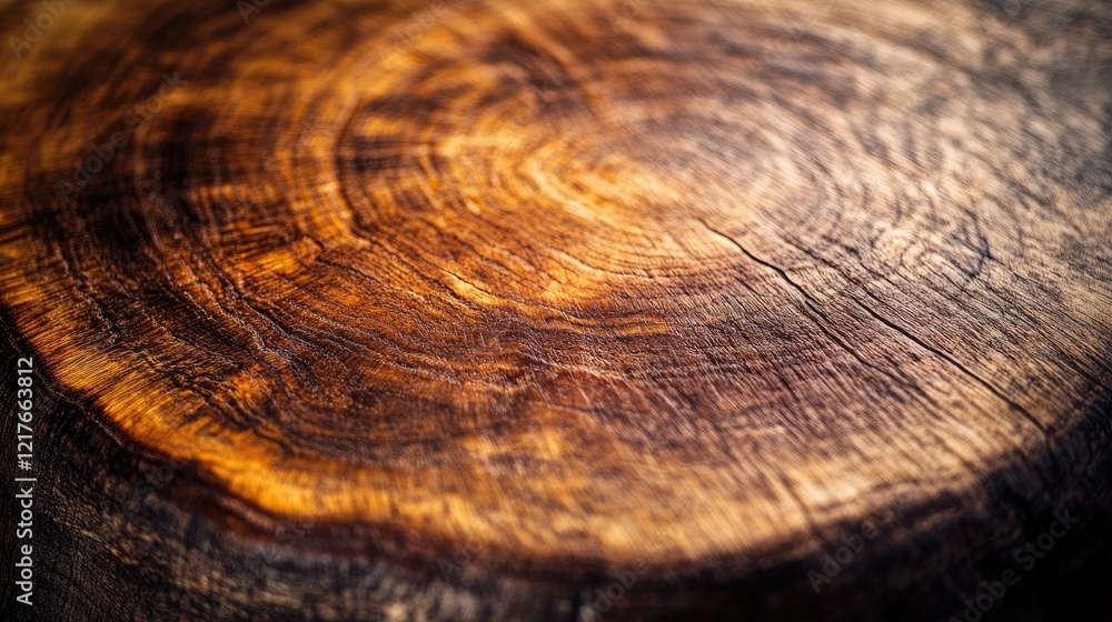 Aufkleber close-up view of a textured tree stump showing growth rings and natural wood patterns with copy spac