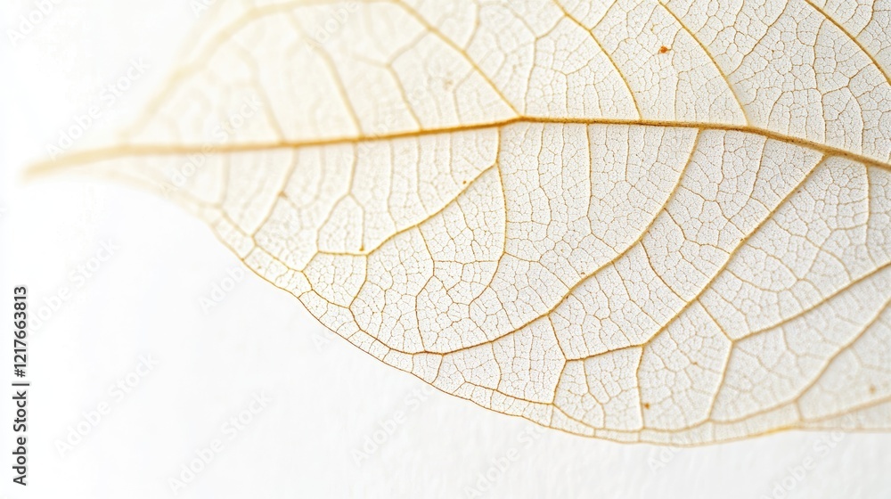 Poster close-up of a translucent dry leaf with intricate vein patterns against a light background copy spac