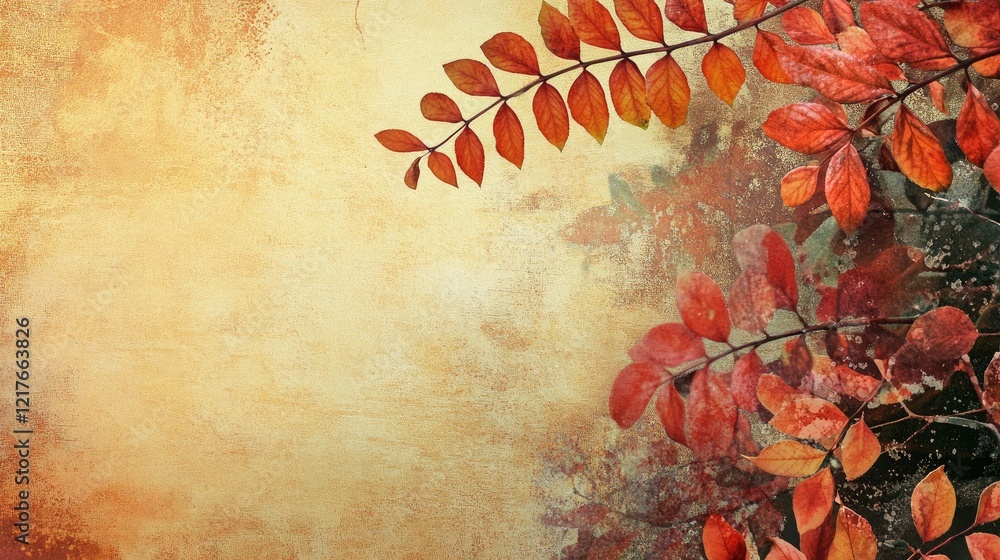 Poster autumn leaves with warm colors on textured background featuring copy space for text placement