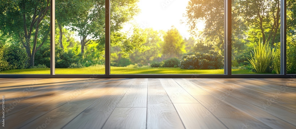Aufkleber Sunlit Room with Wooden Flooring and Expansive Windows Displaying Lush Garden View Ideal for Text Overlay or Design Projects