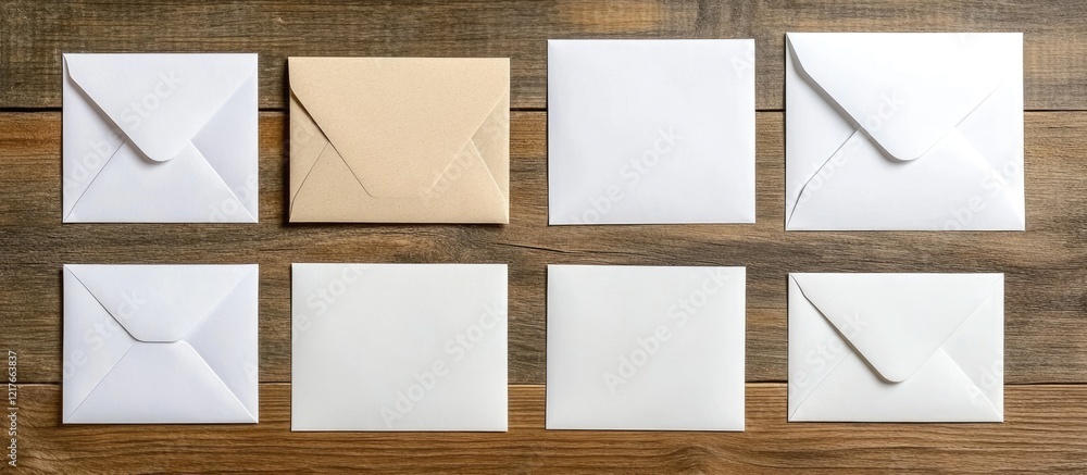 Poster Blank greeting cards and envelopes arranged on a wooden surface creating a space for custom text or message design ideas