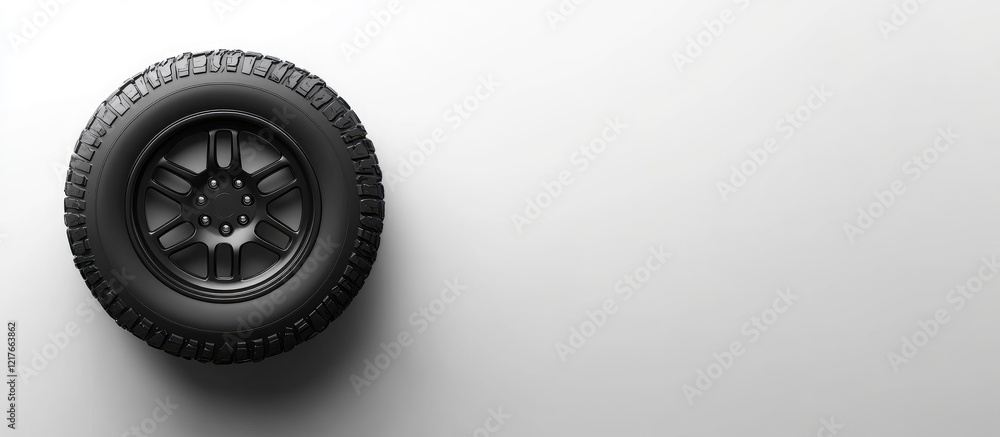 Poster black tire with metallic rim on white background showcasing empty copyspace ideal for text or advert