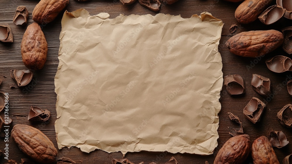Poster cocoa beans and chocolate bar on crumpled paper background with copy space for text ideal for food a