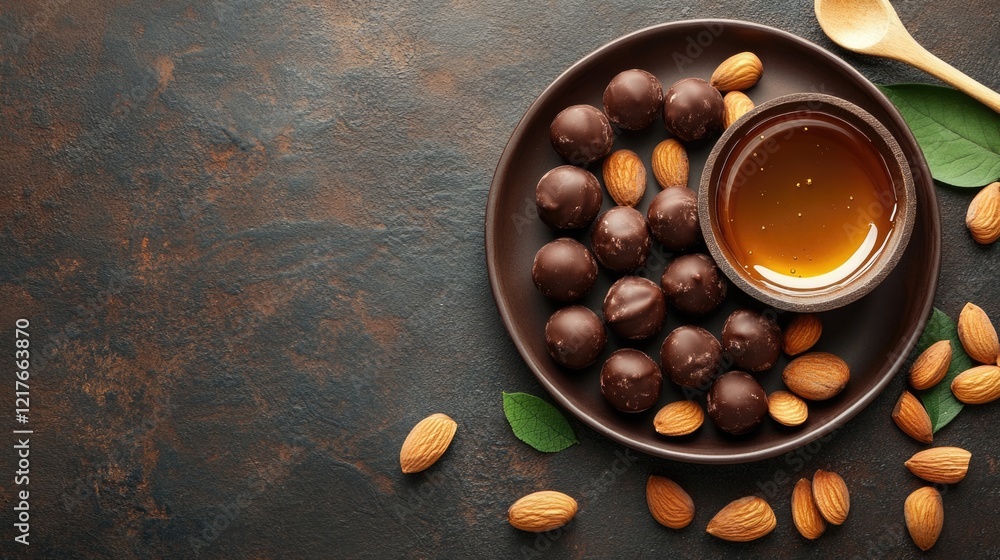 Poster chocolate almond balls with honey in plate and spoon on rustic background with empty copy space for 