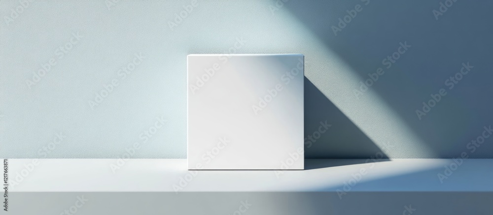 Poster Minimalist Blank Drop Front Box Mockup on Shelving with Natural Light and Shadow Ideal for Branding and Text Placement