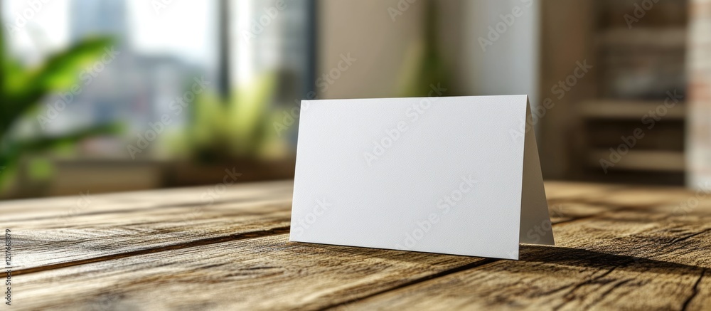 Aufkleber Blank Business Card on Wooden Table with Empty Space for Custom Text in Professional Office Setting