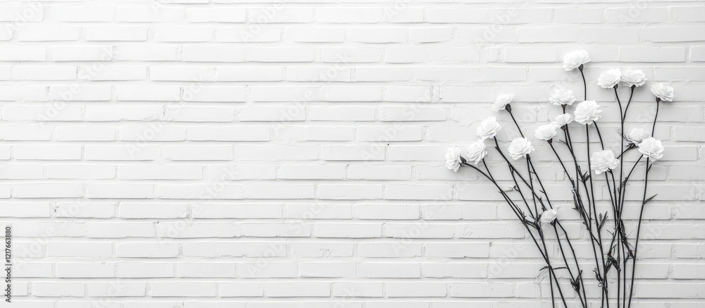 Poster Brick wall background with black and white arrows directing towards delicate flowers and ample space for text insertion