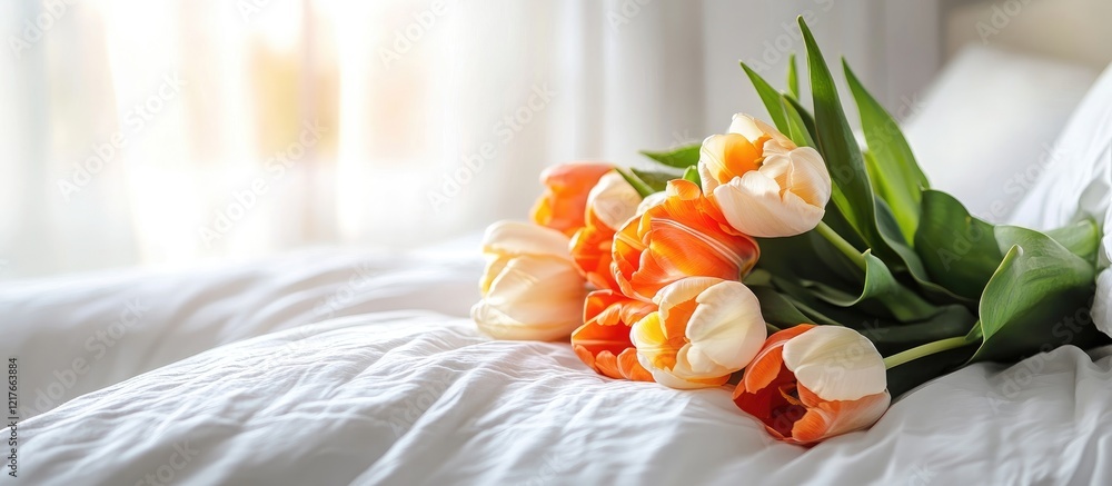 Poster peaceful bedroom setting with fresh tulip bouquet on bed and soft natural light for text overlay and