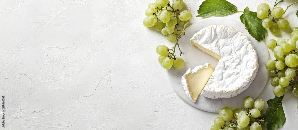 Aufkleber Brie cheese and fresh white grapes arranged on a plate with ample empty space for creative text or branding applications