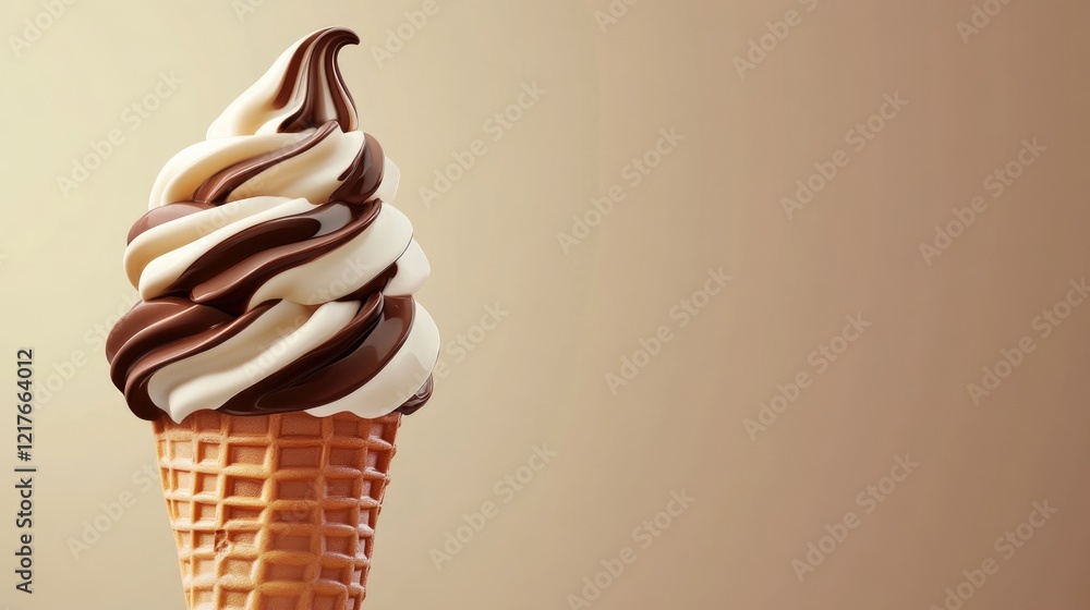 Poster chocolate and vanilla swirl ice cream cone on gradient background with space for custom text or bran