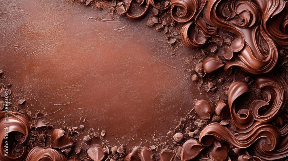 Poster chocolate swirls and brown curls on rustic background with space for text or branding in delicious d
