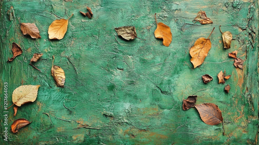 Poster autumn leaves arranged on a textured green surface with ample copy space for text placement