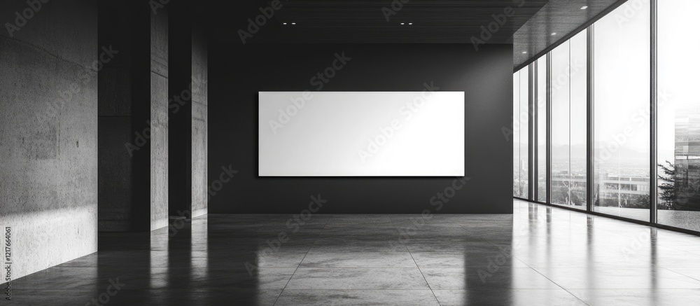 Poster modern minimalist office interior with large blank signage area for text and copyspace in black and 