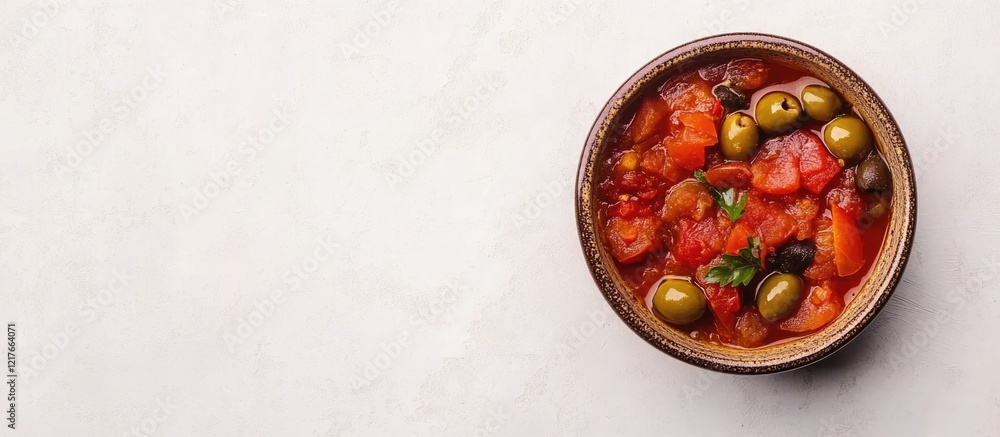 Poster bowl of colorful vegetable stew with olives on a light surface with copy space for text or design el