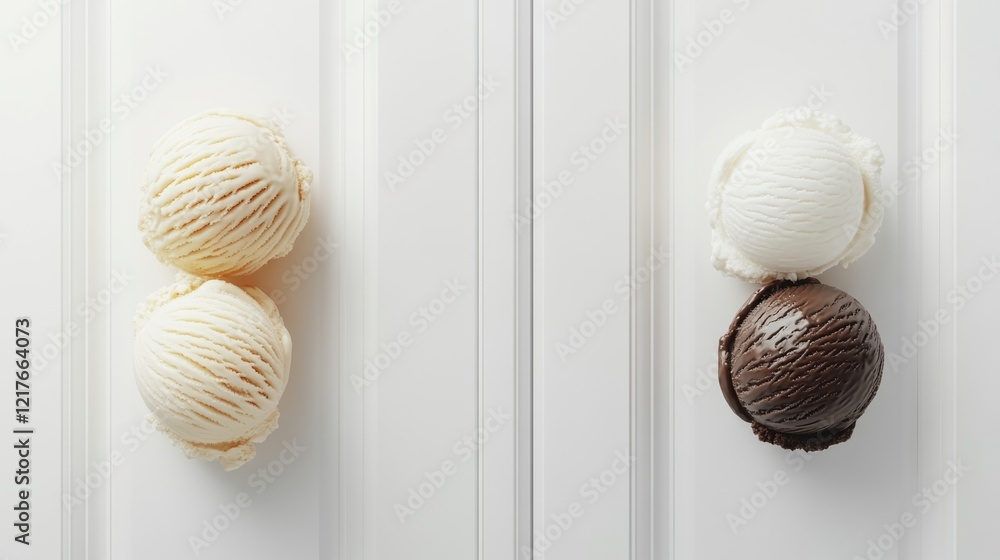 Aufkleber chocolate and vanilla ice cream scoops on white wall with space for text or branding in a clean and 