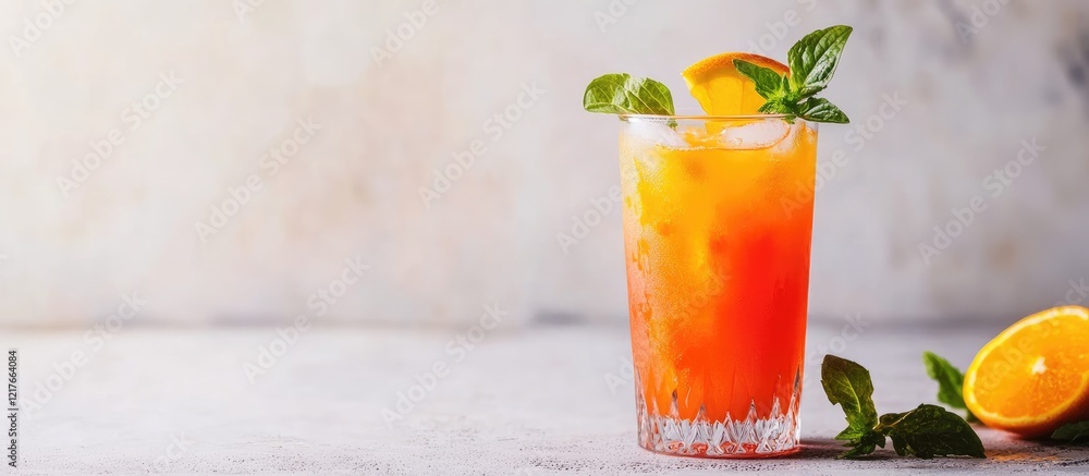 Poster Refreshing Homemade Citrus Juice with Ice and Mint Leaves in a Glass on Light Background with Space for Text or Branding