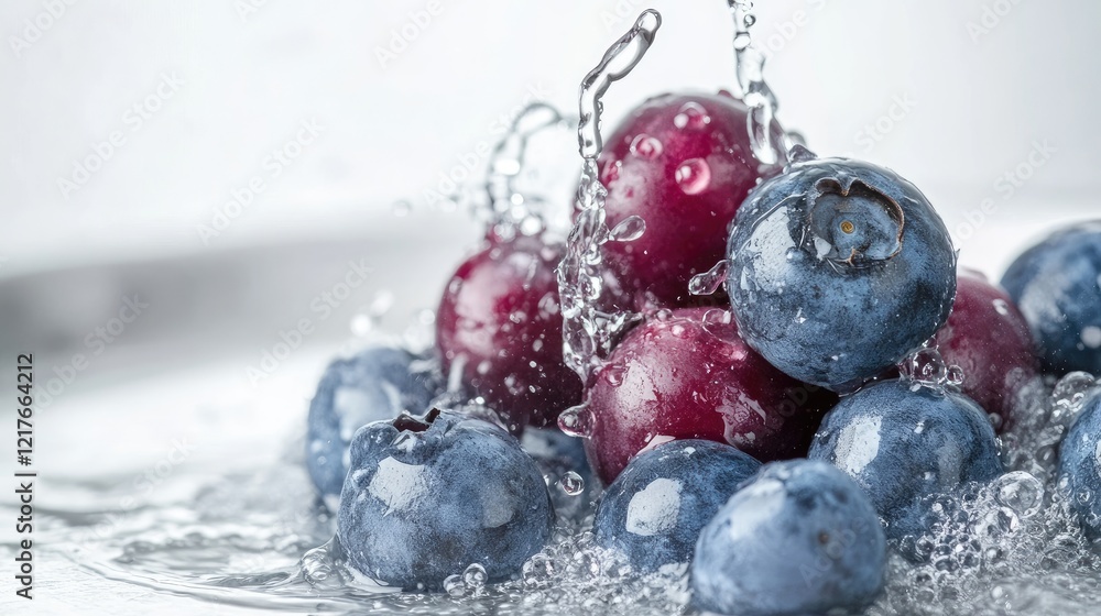 Poster fresh blueberries and berries splashing in water with droplets creating an abstract effect copy spac