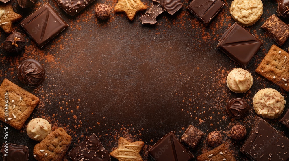 Poster delicious chocolate and cookie border on dark background with empty space for custom text or brandin