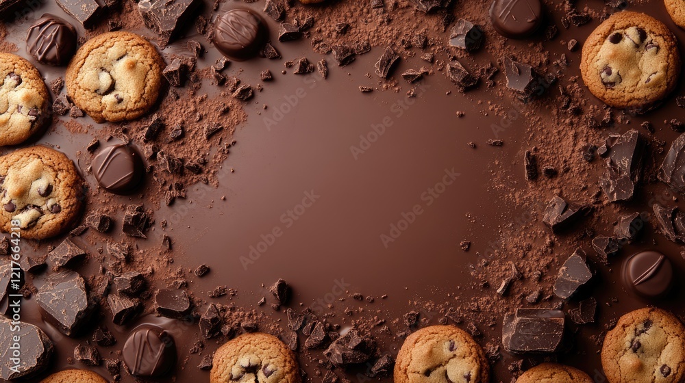 Poster chocolate cookies and chocolate pieces on a dark brown surface with empty space for text in a top vi