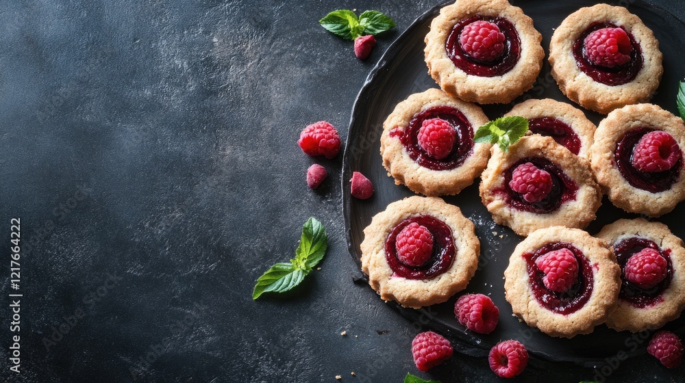Poster chocolate raspberry shortbread cookies on dark surface with fresh berries and empty space for text o