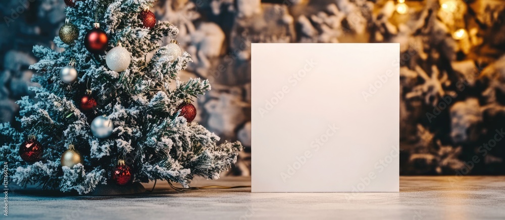 Poster blank canvas beside festive christmas tree for greeting card with ample copyspace for personalized h