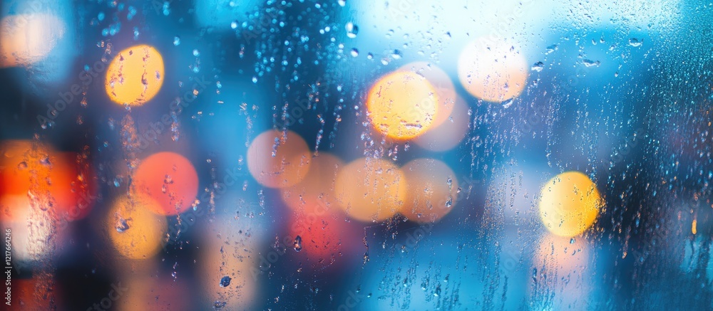 Poster blurred city lights through a rain-soaked window with bokeh effect and copy space for text
