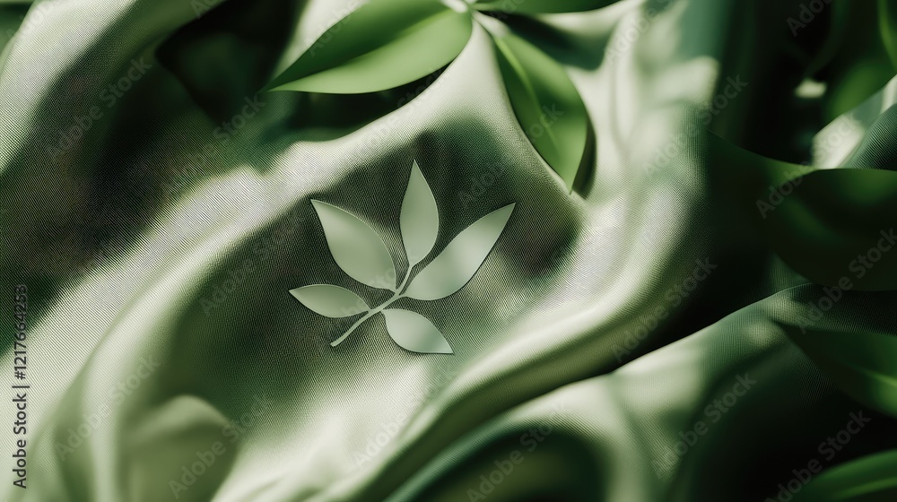 Poster green fabric with leaf emblem and texture showing soft folds and natural motif copy space