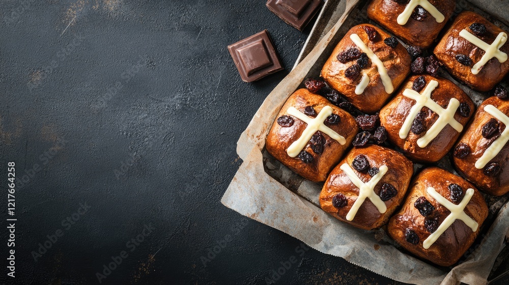 Poster chocolate and dried fruit hot cross buns arranged neatly with empty space for text on a dark stone b